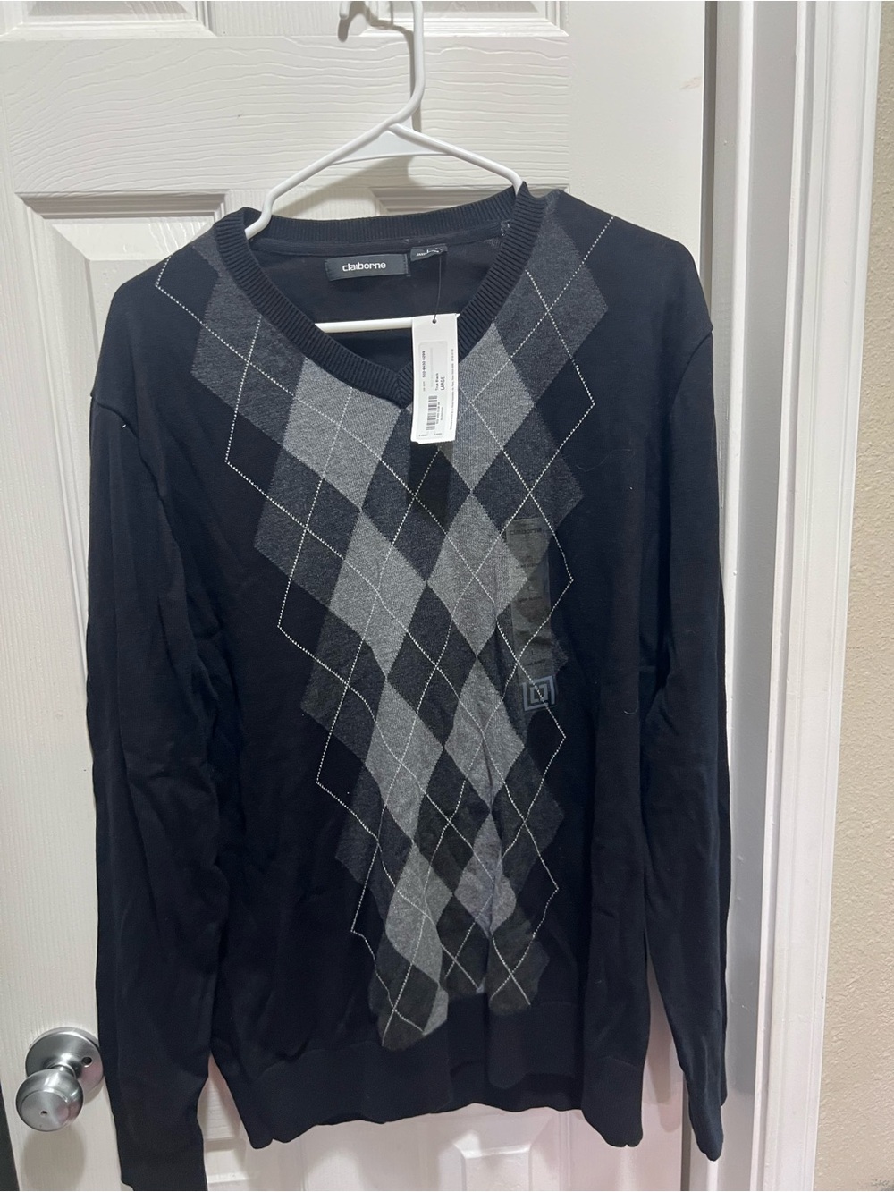 Claiborne Black and Gray Argyle Crewneck Sweater